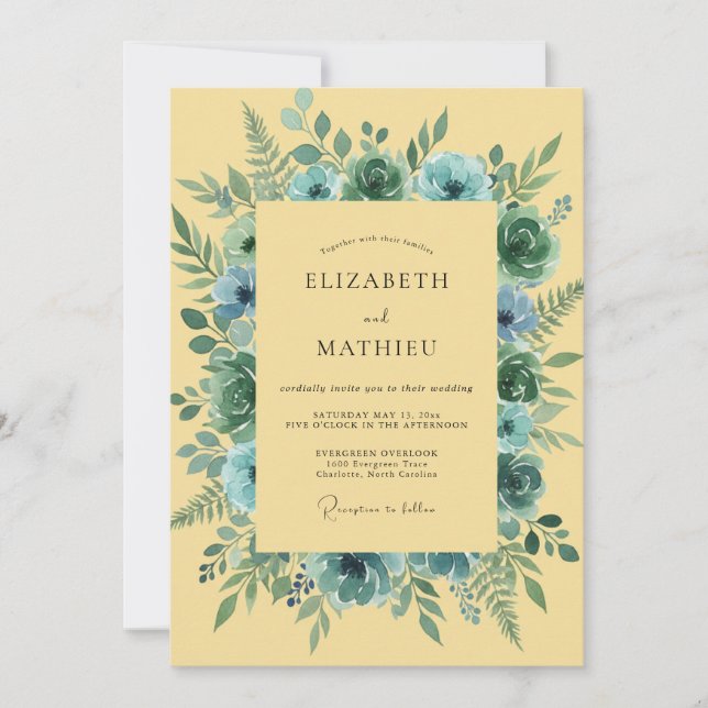 Invitation Mariage Botanique Romantique Aquarelle Sarcelle (Devant)