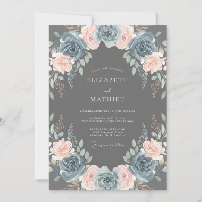 Invitation Mariage Botanique Romantique au Charbon (Devant)