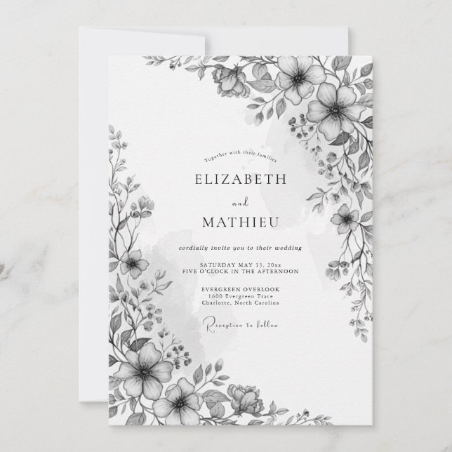 Invitation Mariage Botanique Romantique au Charbon (Devant)