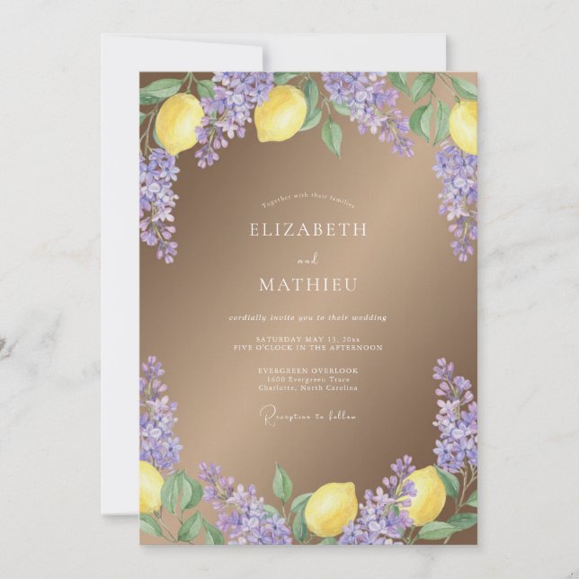 Invitation Mariage Botanique Romantique au Citron Lilas (Devant)