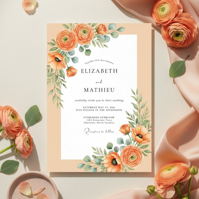 Invitation Mariage Botanique Romantique au Pavot Orange (Créateur téléchargé)