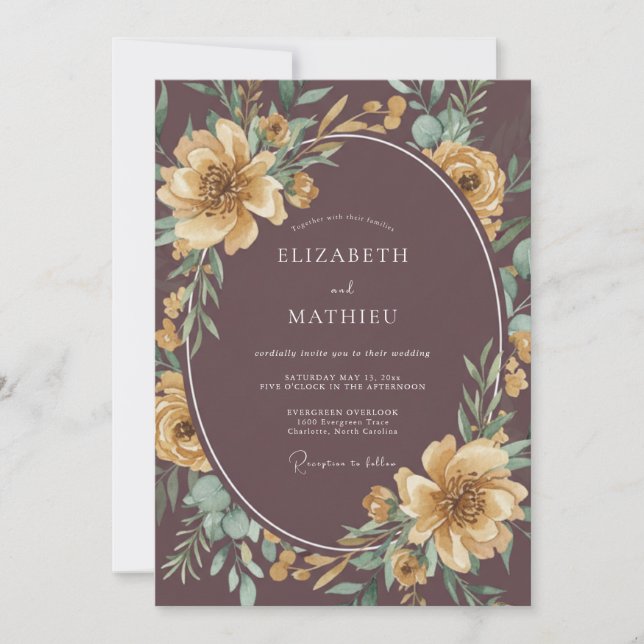Invitation Mariage Botanique Romantique au Plum Profond (Devant)