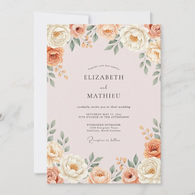 Invitation Mariage Botanique Romantique aux Pêches (Devant)
