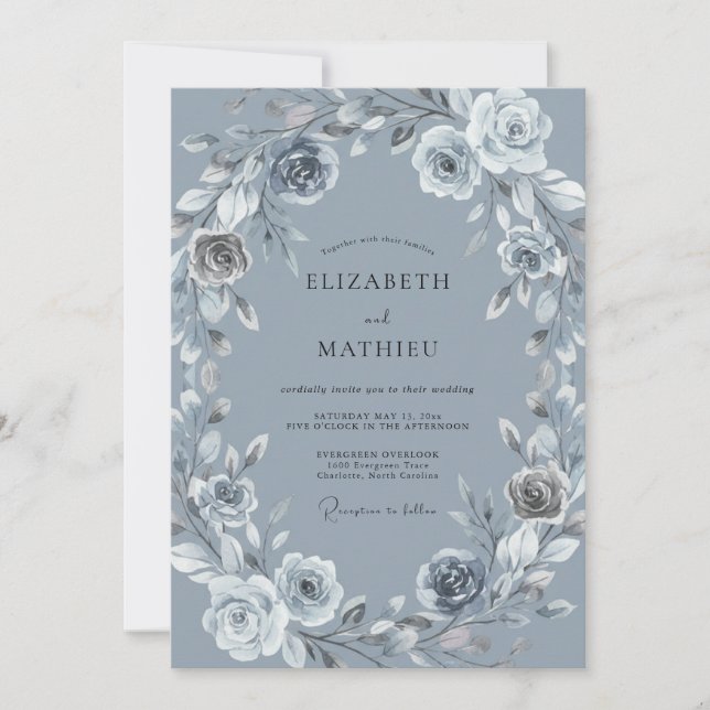 Invitation Mariage Botanique Romantique Bleu Ardoise (Devant)