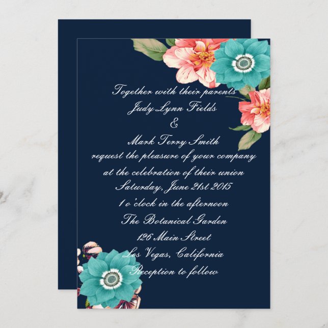 Invitation Mariage Botanique Romantique Bleu Et Rose (Devant / Derrière)