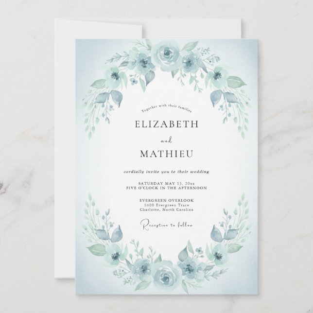 Invitation Mariage Botanique Romantique Bleu Glace (Devant)