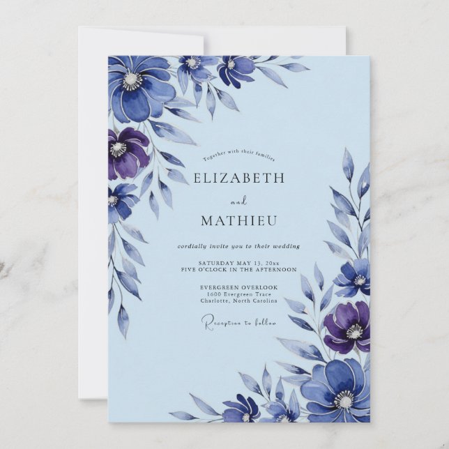 Invitation Mariage Botanique Romantique Bleu Myosotis (Devant)