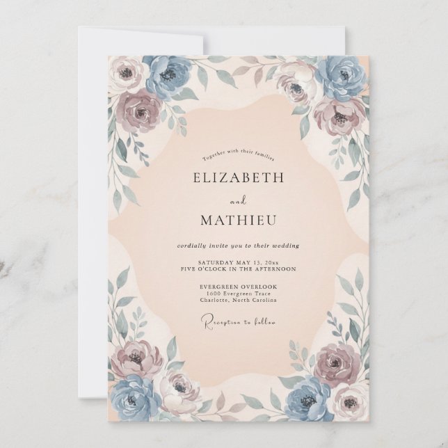 Invitation Mariage Botanique Romantique Bleu Poussiéreux (Devant)