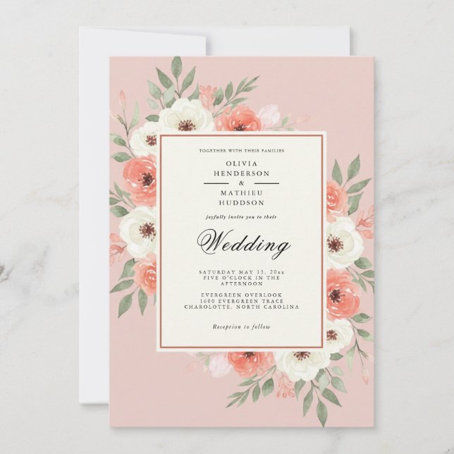 Invitation Mariage botanique romantique corallien (Devant)