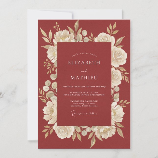 Invitation Mariage Botanique Romantique Cramoisi (Devant)