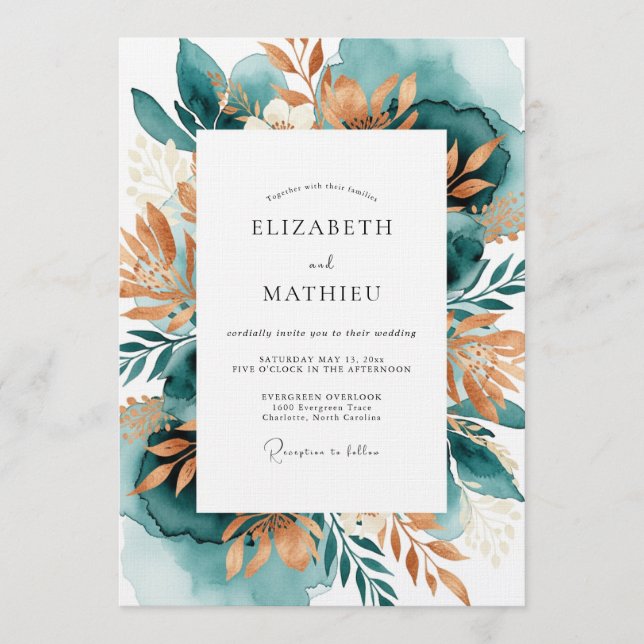 Invitation Mariage Botanique Romantique Cuivre Sarcelle (Devant)