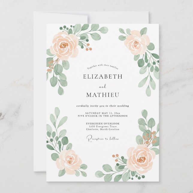 Invitation Mariage Botanique Romantique Douce Pêche (Devant)