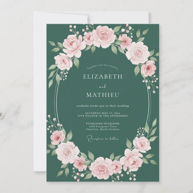Invitation Mariage Botanique Romantique Élégant Émeraude (Devant)