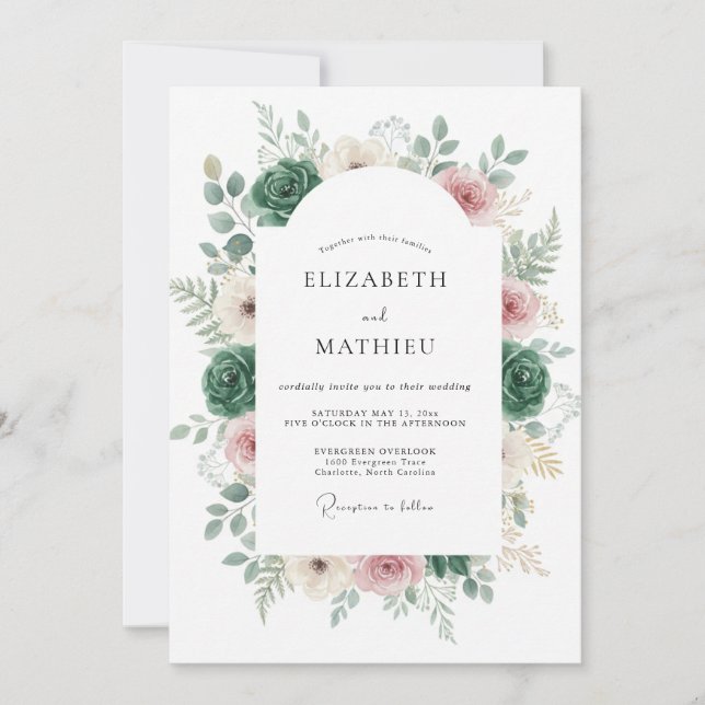 Invitation Mariage Botanique Romantique Émeraude (Devant)