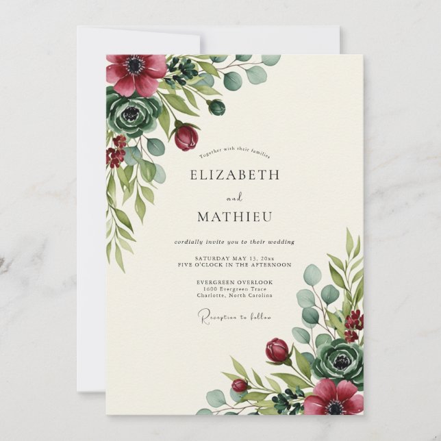 Invitation Mariage botanique romantique floral bordeaux (Devant)