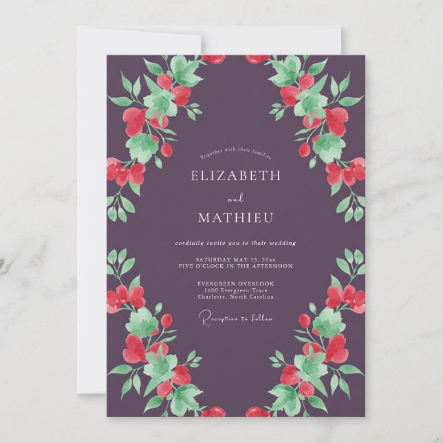 Invitation Mariage Botanique Romantique Floral Prune (Devant)