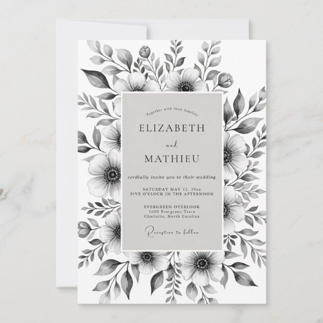 Invitation Mariage Botanique Romantique Gris (Devant)