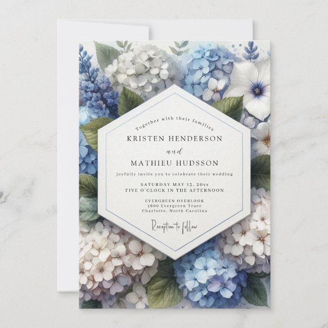 Invitation Mariage Botanique Romantique Hydrangea Bleu (Devant)