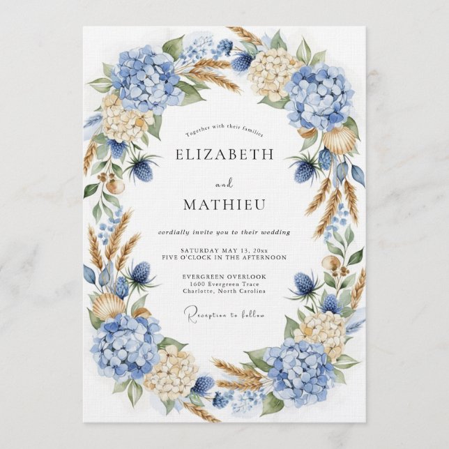 Invitation Mariage Botanique Romantique Hydrangea Bleu (Devant)