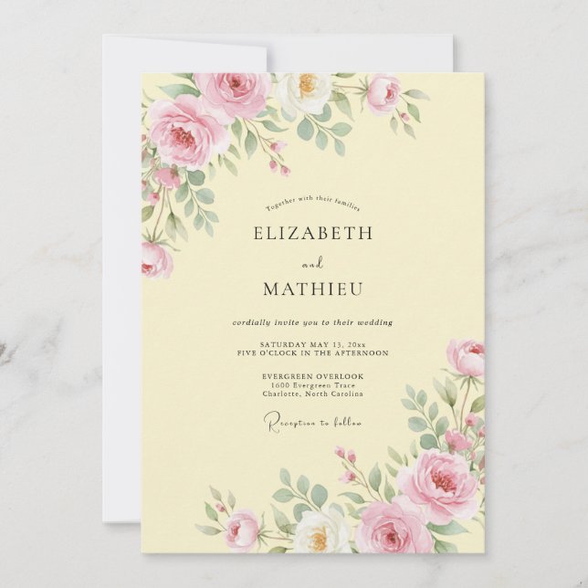 Invitation Mariage Botanique Romantique Jaune Crème (Devant)