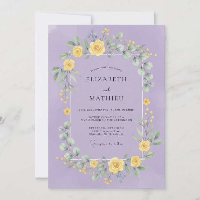 Invitation Mariage Botanique Romantique Jaune Lilas (Devant)