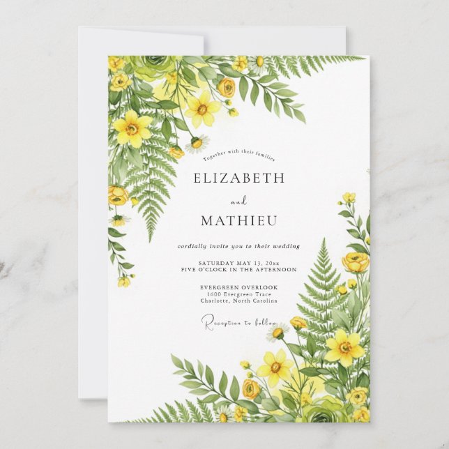 Invitation Mariage Botanique Romantique Jaune Verdoyant (Devant)