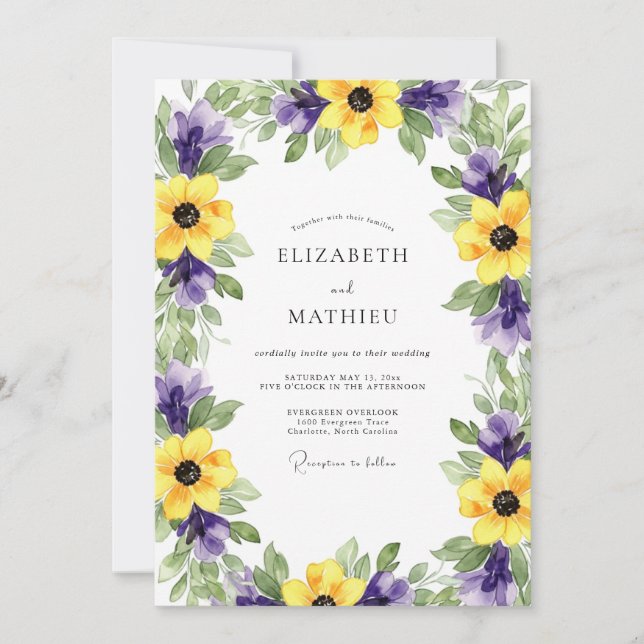Invitation Mariage Botanique Romantique Jaune Violet (Devant)