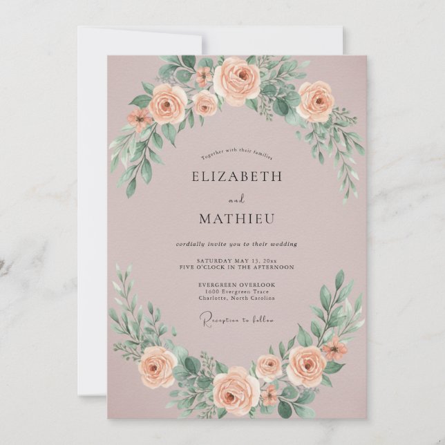 Invitation Mariage Botanique Romantique Mauve Atténué (Devant)