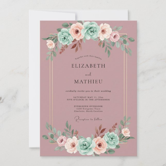 Invitation Mariage Botanique Romantique Mauve Menthe (Devant)