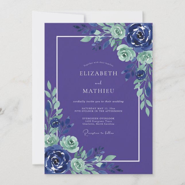Invitation Mariage Botanique Romantique Menthe Indigo (Devant)