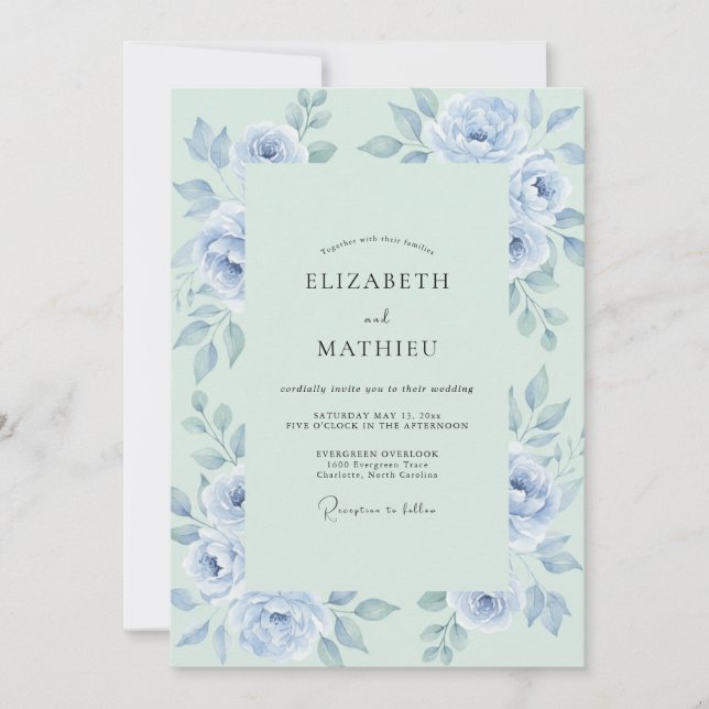 Invitation Mariage Botanique Romantique Menthe Myosotis (Devant)