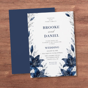 Invitation Mariage Botanique Romantique Navy Lily Argent