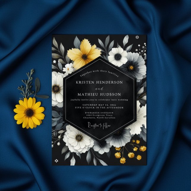 Invitation Mariage Botanique Romantique Noir Jaune (Créateur téléchargé)