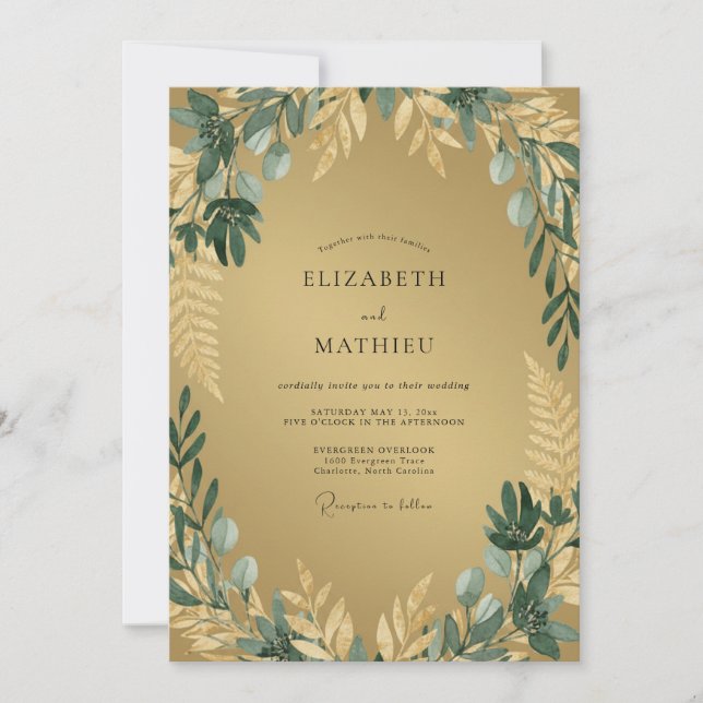 Invitation Mariage Botanique Romantique Or Vert (Devant)