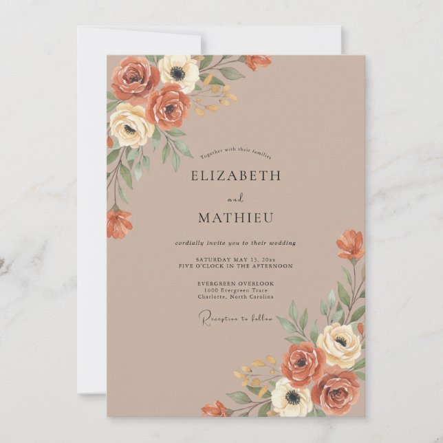 Invitation Mariage Botanique Romantique Orange Brûlé (Devant)
