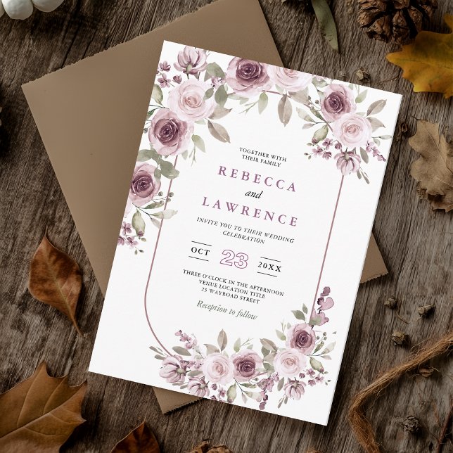 Invitation Mariage botanique romantique rose bordeaux (Créateur téléchargé)