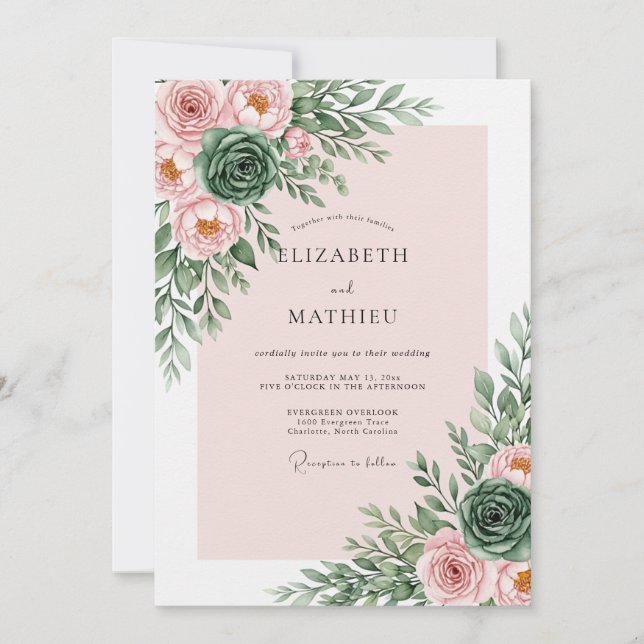 Invitation Mariage Botanique Romantique Rose Pâle (Devant)