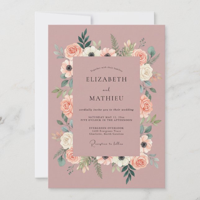 Invitation Mariage Botanique Romantique Rose Poussiéreuse (Devant)