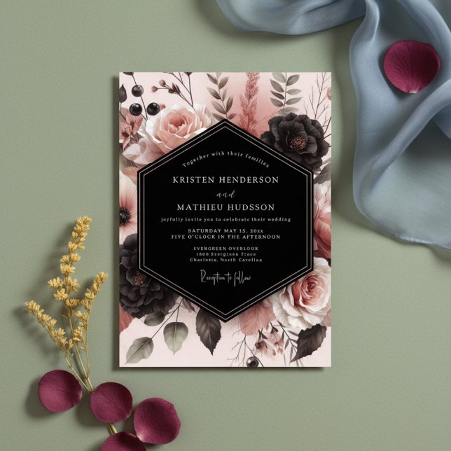 Invitation Mariage Botanique Romantique Rose Rouge (Créateur téléchargé)