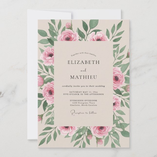 Invitation Mariage Botanique Romantique Rose Verdoyant (Devant)