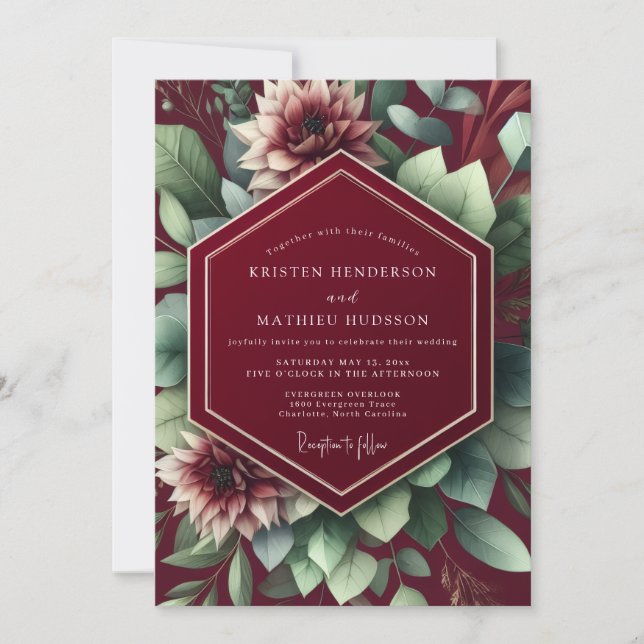 Invitation Mariage Botanique Romantique Rouge Profond (Devant)
