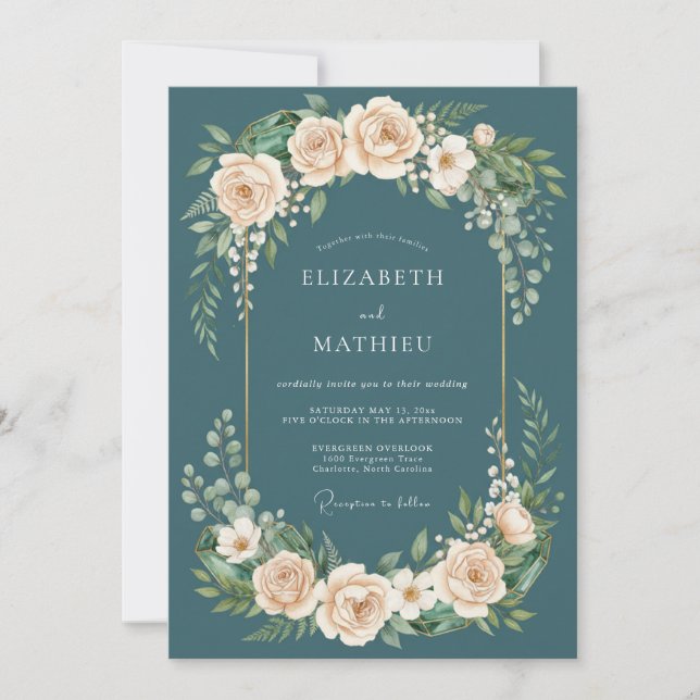Invitation Mariage botanique romantique sarcelle (Devant)