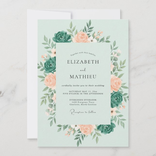 Invitation Mariage botanique romantique sarcelle menthe (Devant)