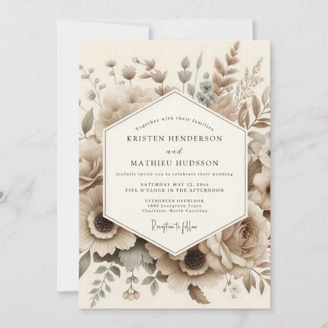 Invitation Mariage Botanique Romantique Sépia (Devant)