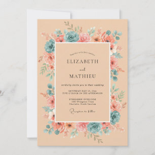 Invitation Mariage Botanique Romantique Teal et Pêche