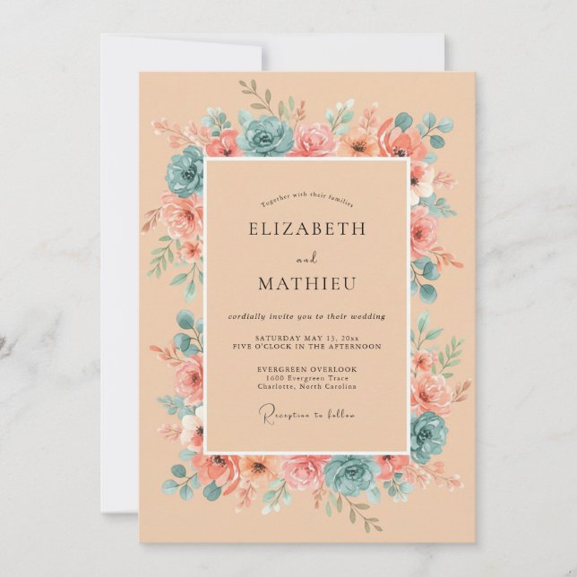 Invitation Mariage Botanique Romantique Teal et Pêche (Devant)