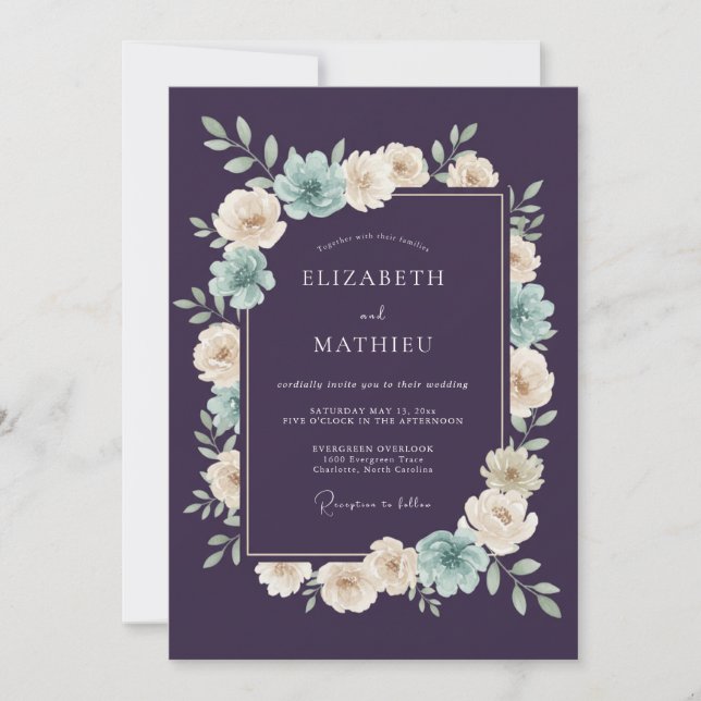 Invitation Mariage Botanique Romantique Teal Prune (Devant)