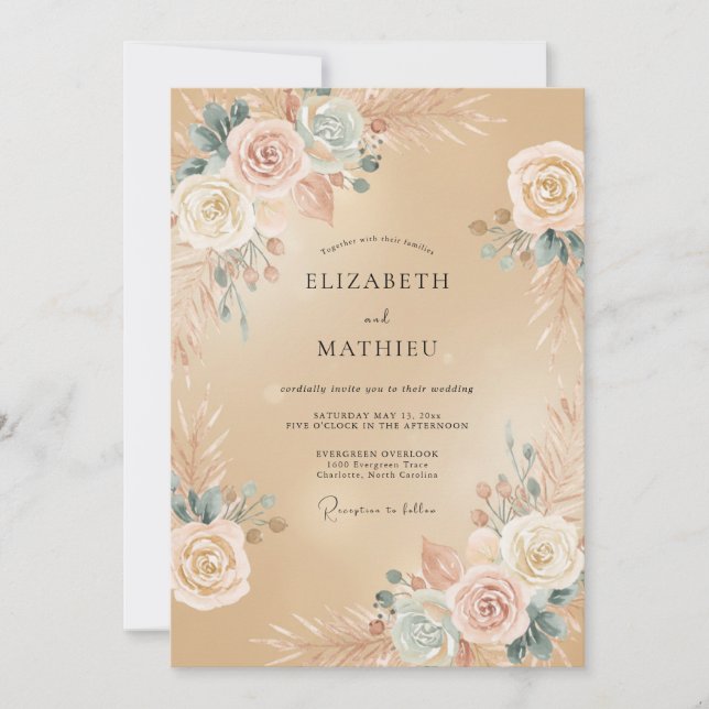 Invitation Mariage Botanique Romantique Teinté de Pêche (Devant)