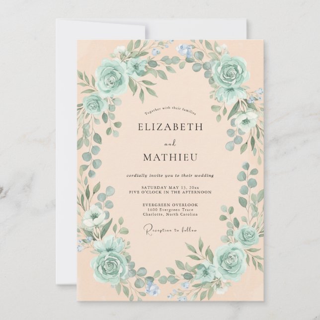 Invitation Mariage Botanique Romantique Vert Mousse de Mer (Devant)