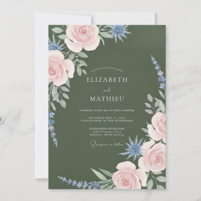 Invitation Mariage Botanique Romantique Vert Olive (Devant)